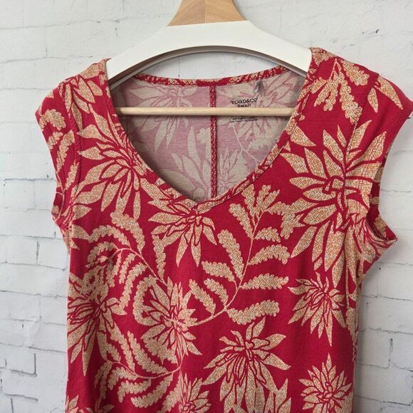 Toad & Co Muse Dress Size XS Red Ruched Side Tie Midi Stretch V-Neck Leaf Print - Picture 2 of 8